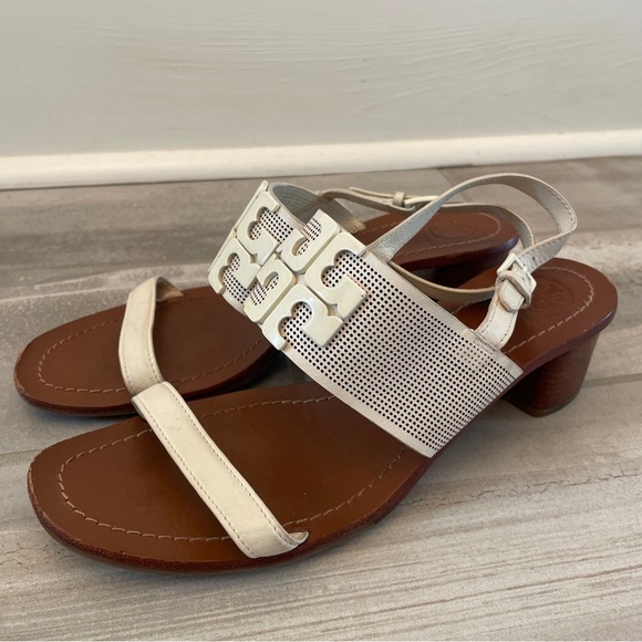 Tory Burch Lowell 2 Ivory Perforated Leather Logo Sandal 2" Heels Size 9.5 - Picture 6 of 15